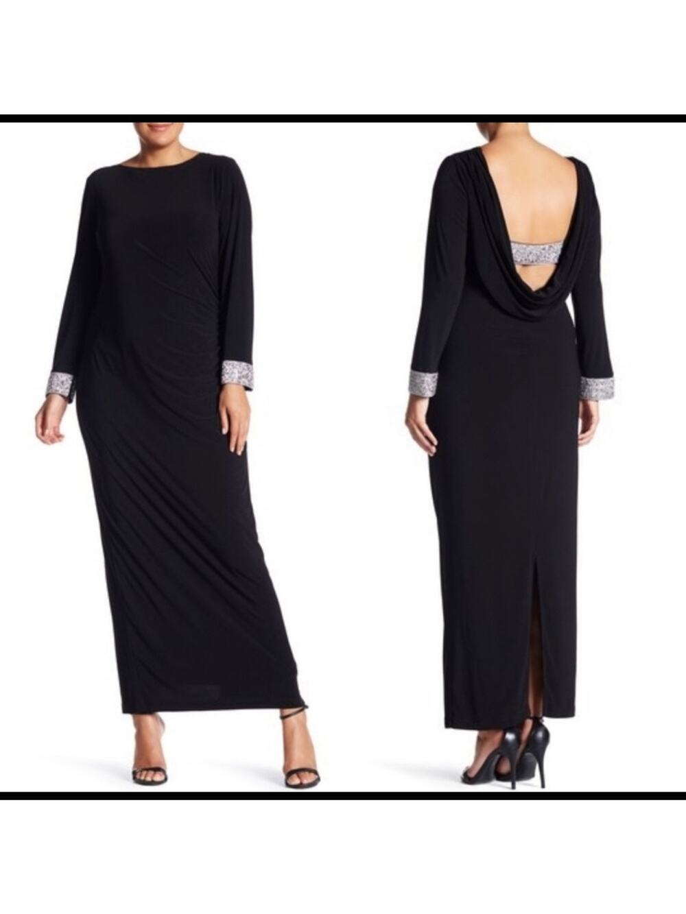 Marina Black Knit Cowl Back Rhinestone Trimmed Long Sleeve Maxi Dress Gown Sz 6